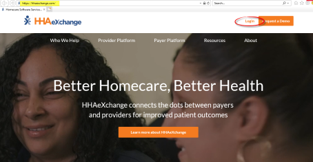 HHAeXchange.com website with Login link circled at top right